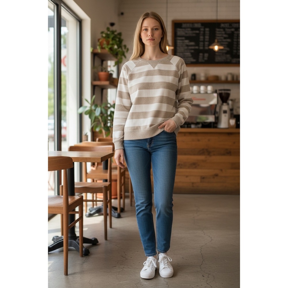 GAP Striped‎ Raglan Crewneck Sweatshirt Oatmeal Beige White Size L